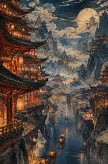 檐塔引河 · 插画 AI 图像