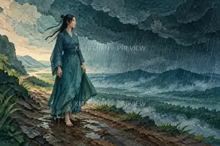 雨中青衣 · 纸艺 AI 图像