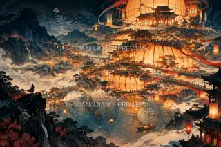灯城浮暗谷 · 插画 AI 图像