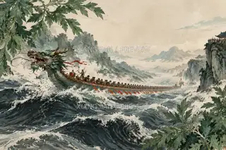 龙舟翻浪 · 插画 AI 图像