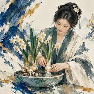 水仙临石 · 插画 图像