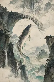 鱼跃桥拱 · 插画 AI 图像