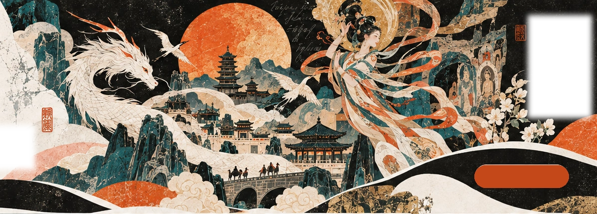 白龙与飞天穿过青绿山河，朱砂月轮照见楼阁