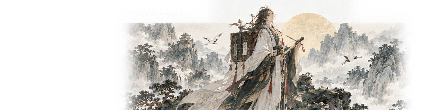 山岚藏主立于山水之间，发冠越过画框上沿
