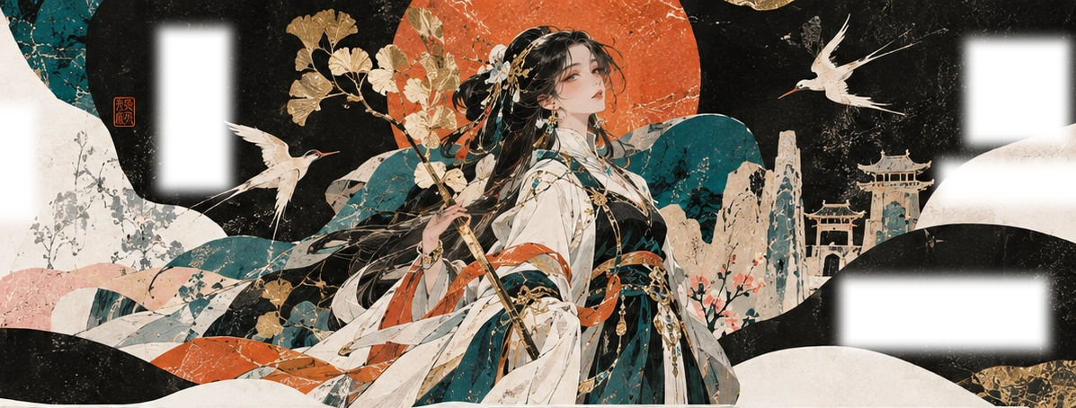 青绿、朱砂与金色拼纸之间,女子执银杏枝而立